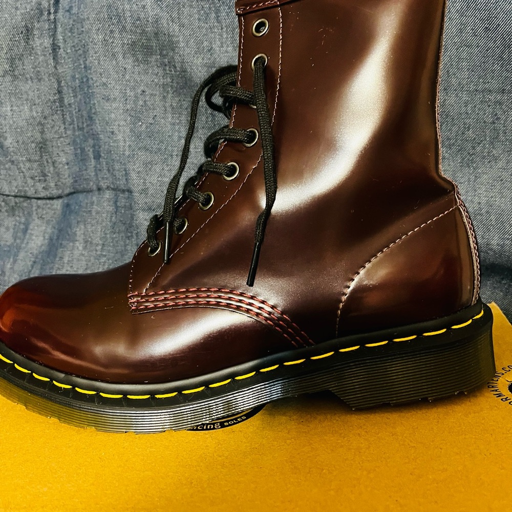 Gently used. Cherry Red/yellow stitching Lace-Up Boots